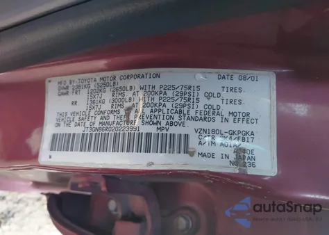 2002 Toyota 4Runner Sr5 V6 z USA, uszkodzony, nr VIN JT3GN86R020223991